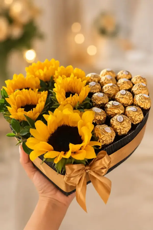 Kit com Girassóis com 7 unidades e 16 Bombons Ferrero Rocher