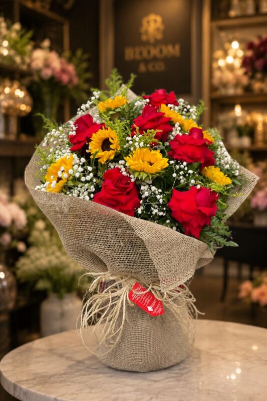 Buquê de Flores com Rosas Colombianas Vermelhas e Girassóis em Juta