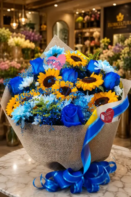 Buquê de Flores Van Gogh com Girassóis e Rosas