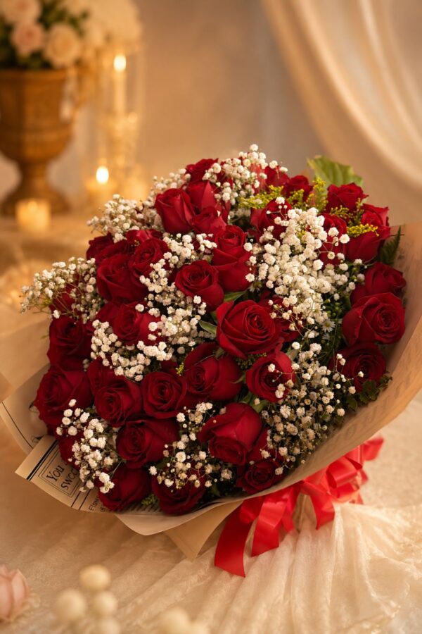 Buquê Forma de Amor – 36 Rosas Vermelhas com Tango e Mosquitinho