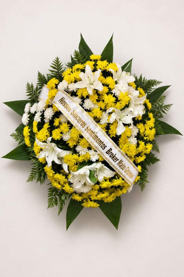 Coroa Fúnebre de Flores Sol Amarelo com Lírios e Crisântemos