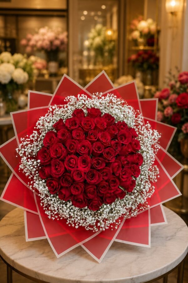 Buquê de Flores Amor Sem Fim 100 Rosas Vermelhas e Mosquitinho