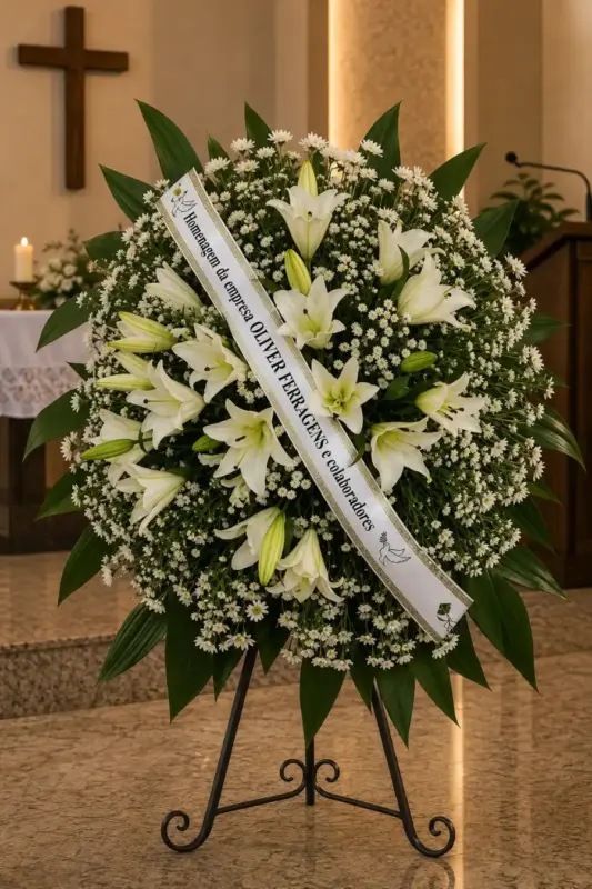 Coroa de Flores Especial Lírios Brancos – Homenagem Nobre e Sofisticada