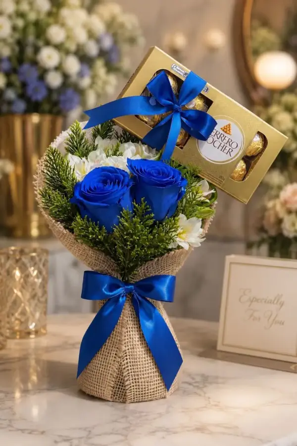 Ramalhete de rosas azuis tingidas com astromélias brancas e caixa de Ferrero Rocher