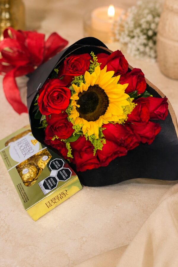 Kit Presente Ramalhete de Rosas com Girassol e Ferrero Rocher - Amor Puro