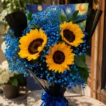 Ramalhete de girassóis amarelos com mosquitinho e folhagem verde da coleção Van Gogh