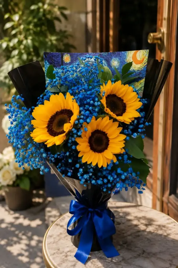 Ramalhete de girassóis amarelos com mosquitinho e folhagem verde da coleção Van Gogh